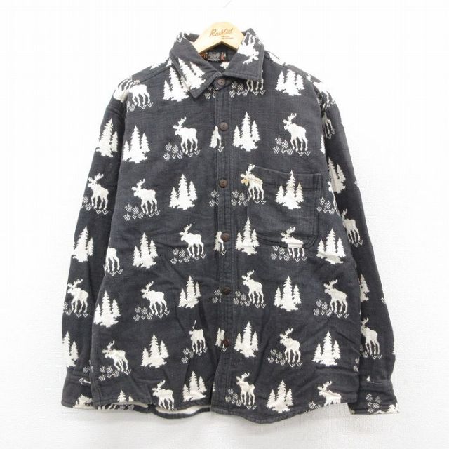 XL★古着 長袖 ヘビー フランネル シャツ メンズ シカ 木 総柄 コットン 黒他 ブラック 25oct11 中古 トップス