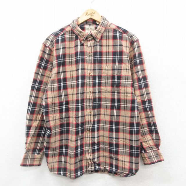 XL★古着 レッドヘッド 長袖 フランネル シャツ メンズ コットン ボタンダウン ベージュ他 カーキ チェック 25oct11 中古 トップス