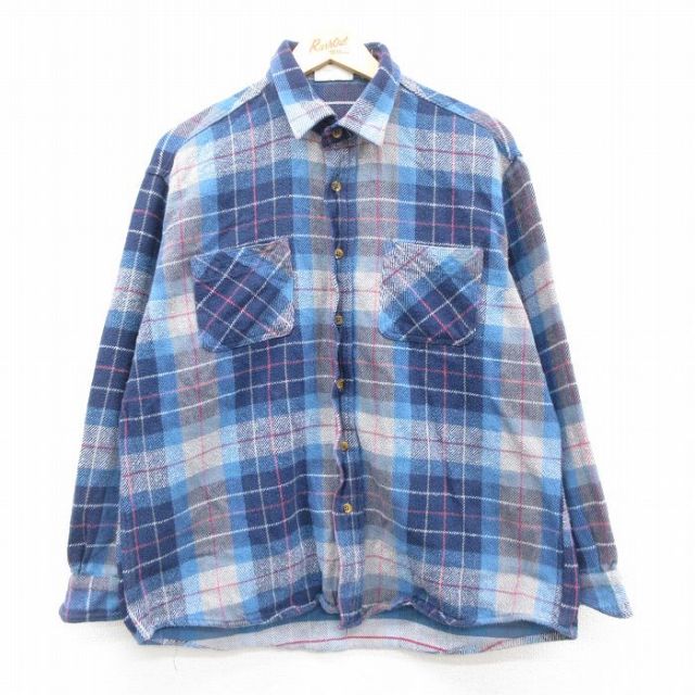 XL★古着 セントジョンズベイ 長袖 フランネル シャツ メンズ 90年代 90s コットン 紺他 ネイビー チェック 25oct18 中古 トップス
