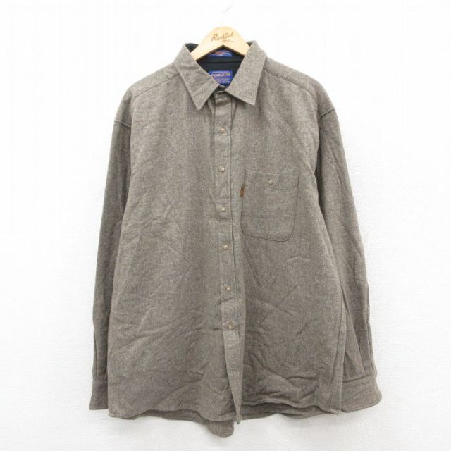 XL★古着 ペンドルトン PENDLETON 長袖 ウール シャツ メンズ ヒジ当て スエード使用 大きいサイズ ロング丈 ベージュ系 カーキ 25oct18 中古 トップス