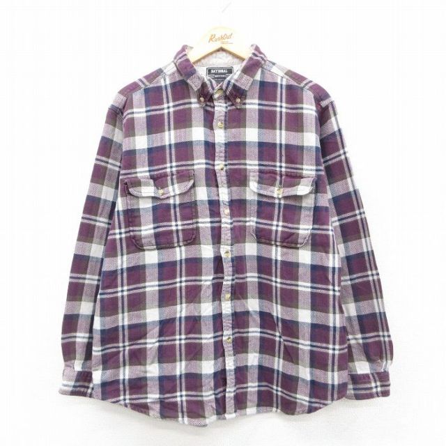 L★古着 長袖 フランネル シャツ メンズ コットン ボタンダウン 紫他 パープル チェック 25oct18 中古 トップス