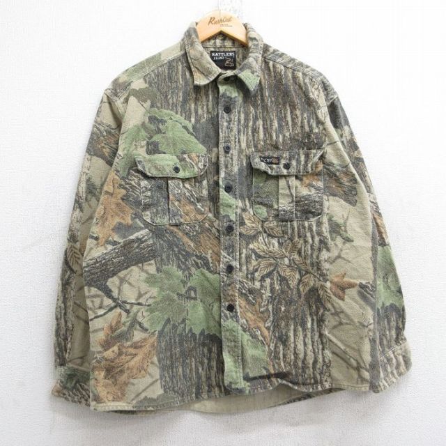 XL★古着 長袖 ヘビー フランネル シャツ メンズ 90年代 90s リアルツリー USA製 ベージュ他 カーキ 迷彩 【spe】 25oct18 中古 トップス