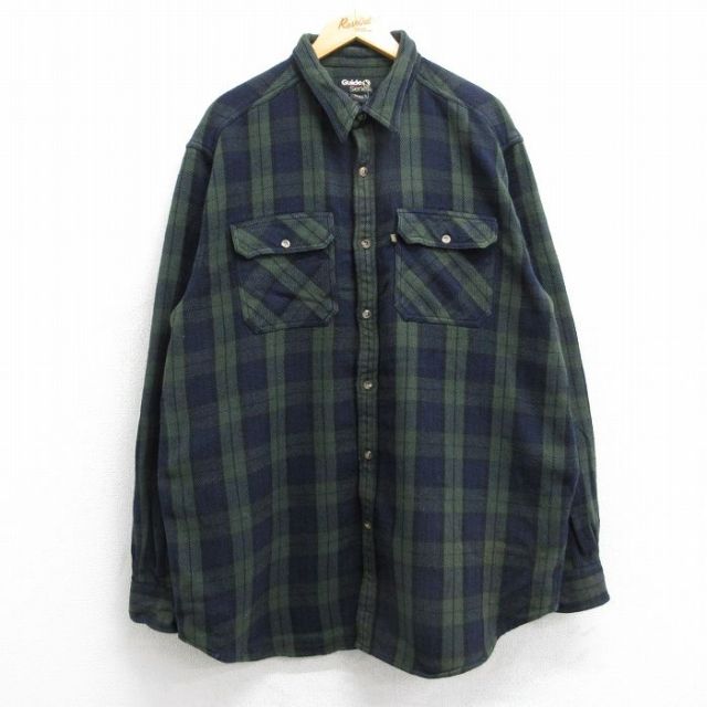 XL★古着 長袖 ヘビー フランネル シャツ メンズ 大きいサイズ ロング丈 コットン 濃緑他 グリーン チェック 25oct18 中古 トップス