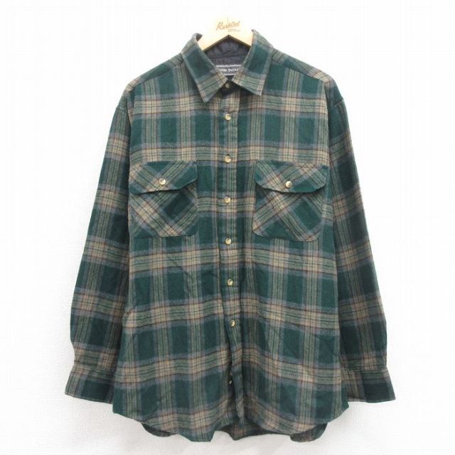 XL★古着 長袖 ウール シャツ メンズ 90年代 90s 緑他 グリーン チェック 25oct20 中古 トップス
