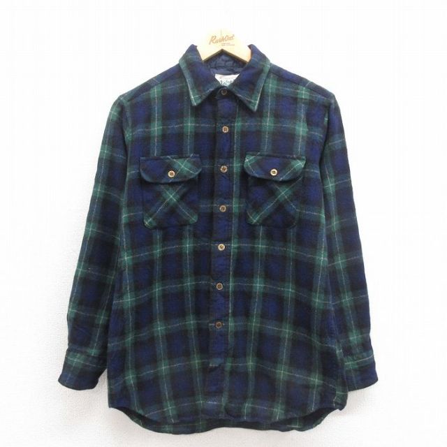 M★古着 長袖 ウール シャツ メンズ 80年代 80s 緑他 グリーン タータン チェック ブラックウォッチ 25oct20 中古 トップス