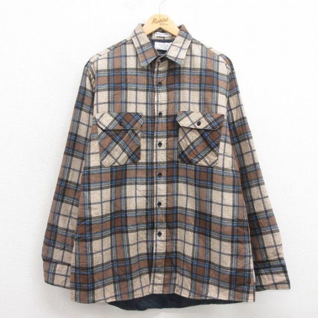 XL★古着 シアーズ 長袖 フランネル シャツ メンズ 90年代 90s USA製 茶他 ブラウン チェック 内側キルティング 25oct20 中古 トップス