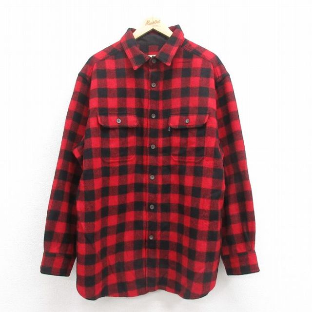 XL★古着 ウールリッチ WOOLRICH 長袖 ウール シャツ メンズ 大きいサイズ ロング丈 赤他 レッド バッファロー チェック 25oct20 中古 トップス