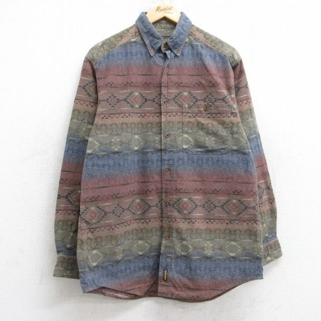 M★古着 ウールリッチ WOOLRICH 長袖 ヘビー フランネル シャツ メンズ ネイティブ柄 ラグ柄 ロング丈 ボタンダウン 濃緑他 グリーン 【spe】 25oct20 中古 トップス