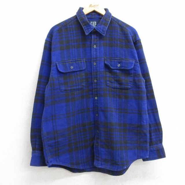 L★古着 ギャップ GAP 長袖 ヘビー フランネル シャツ メンズ 90年代 90s コットン 青他 ブルー チェック 25oct20 中古 トップス
