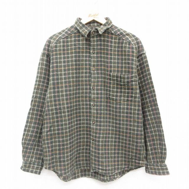 XL★古着 STRUCTURE 長袖 ヘビー フランネル シャツ メンズ 00年代 00s コットン 濃緑他 グリーン チェック 25oct24 中古 トップス