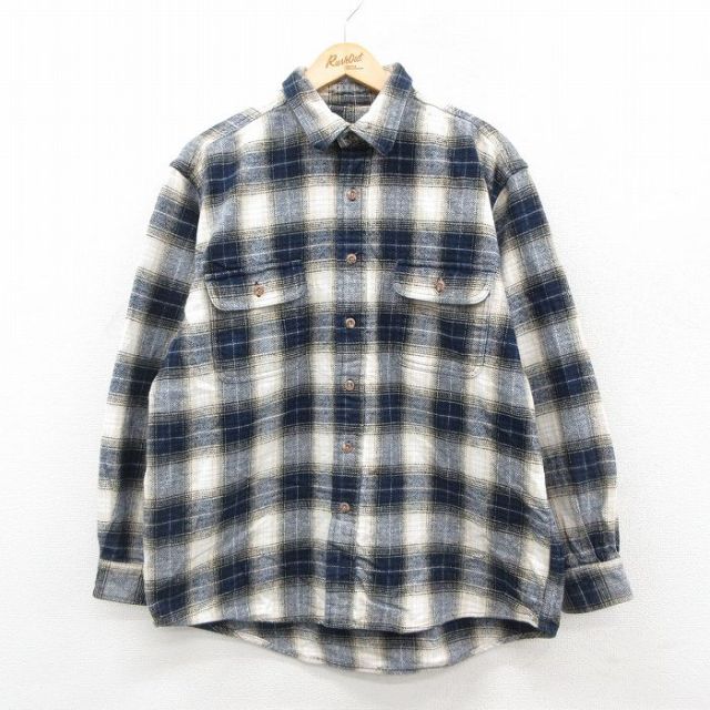 XL★古着 長袖 ヘビー フランネル シャツ メンズ 紺他 ネイビー オンブレ チェック 25oct24 中古 トップス