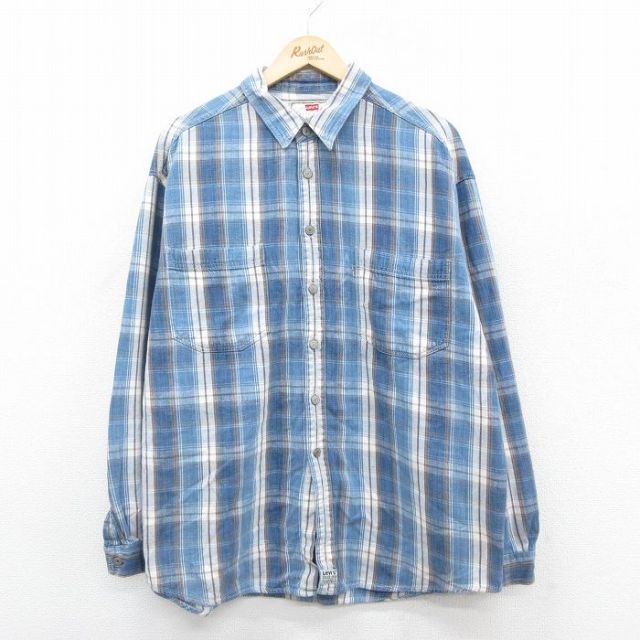 XL★古着 リーバイス Levis 長袖 フランネル シャツ メンズ 大きいサイズ コットン 薄紺他 ネイビー チェック 25oct25 中古 トップス