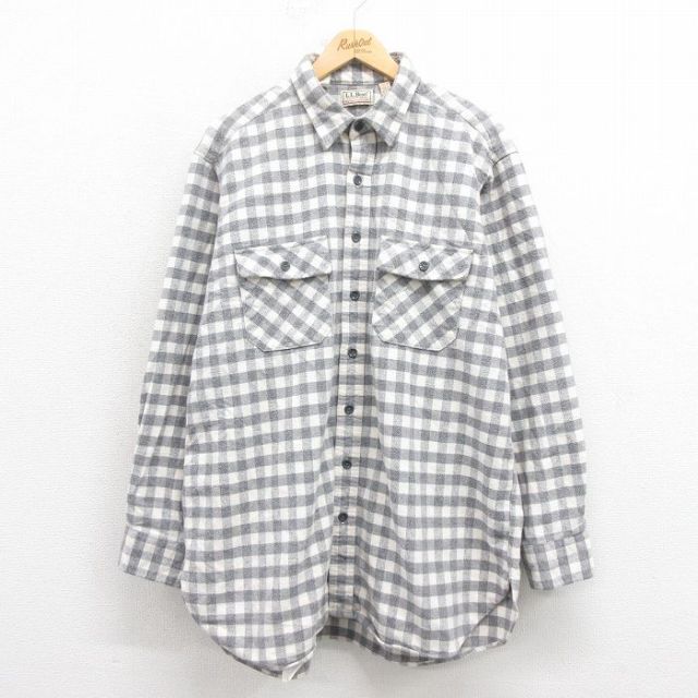 XL★古着 エルエルビーン LLBEAN 長袖 ヘビー フランネル シャツ メンズ 80年代 80s シャモアクロス 大きいサイズ ロング丈 USA製 グレー チェック 【spe】 25oct25 中古 トップス
