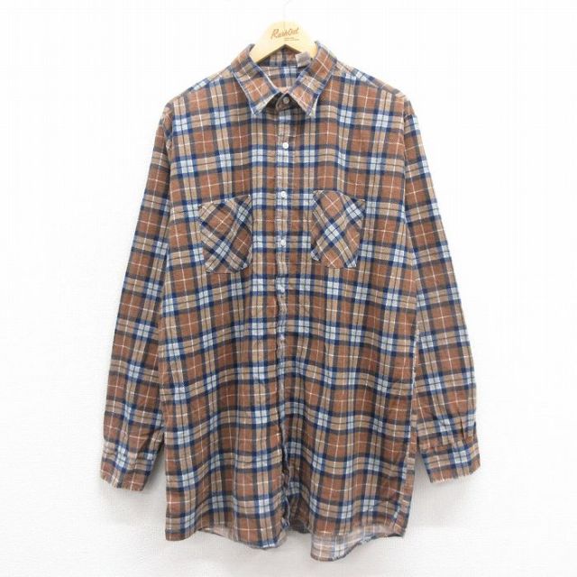XL★古着 長袖 フランネル シャツ メンズ 90年代 90s ロング丈 コットン USA製 茶他 ブラウン チェック 25oct25 中古 トップス