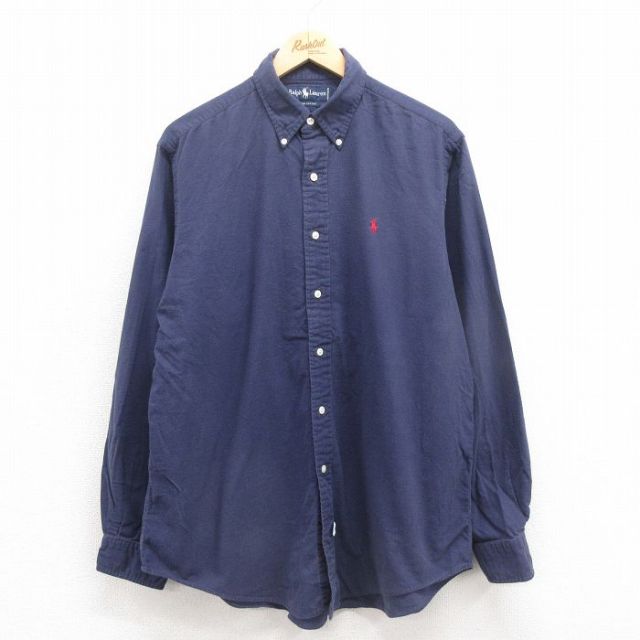 XL★古着 ラルフローレン Ralph Lauren 長袖 ブランド フランネル シャツ メンズ 90年代 90s ワンポイントロゴ コットン ボタンダウン 紺 ネイビー 25oct25 中古 トップス