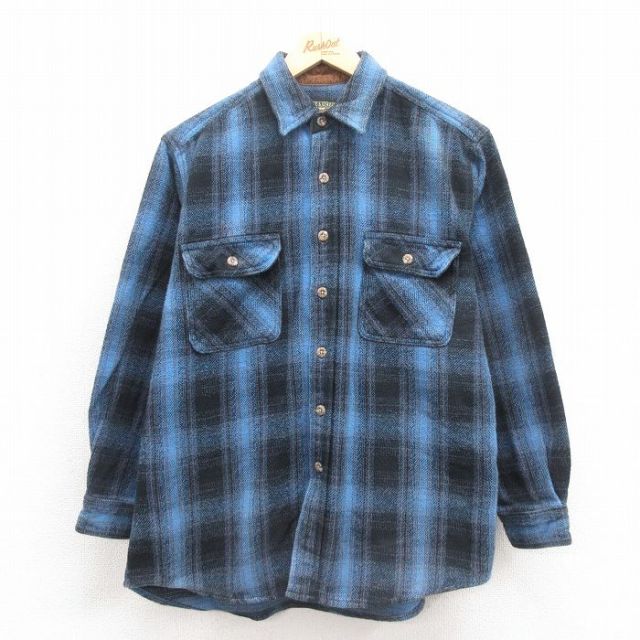 M★古着 長袖 ヘビー フランネル シャツ メンズ コットン 青 ブルー オンブレ チェック 25oct25 中古 トップス
