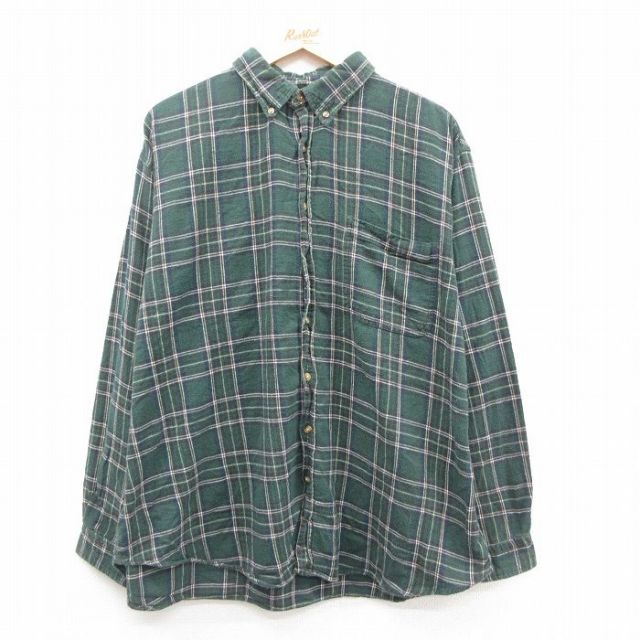 XL★古着 チェロキー 長袖 フランネル シャツ メンズ 00年代 00s 大きいサイズ コットン ボタンダウン 緑他 グリーン チェック 25oct28 中古 トップス