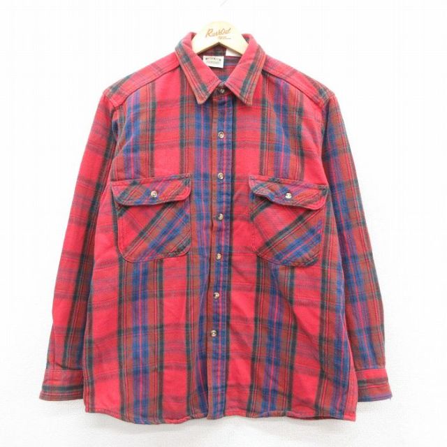 L★古着 ファイブブラザー 長袖 ヘビー フランネル シャツ メンズ 90年代 90s コットン 赤他 レッド チェック 25oct28 中古 トップス