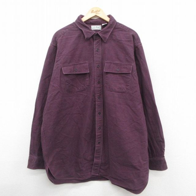 XL★古着 エルエルビーン LLBEAN 長袖 ヘビー フランネル シャツ メンズ 80年代 80s シャモアクロス 大きいサイズ ロング丈 コットン USA製 エンジ 25oct28 中古 トップス