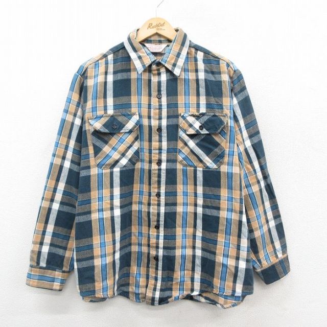 XL★古着 長袖 ヘビー フランネル シャツ メンズ 80年代 80s 大きいサイズ コットン USA製 ベージュ他 カーキ チェック 【spe】 25oct28 中古 トップス