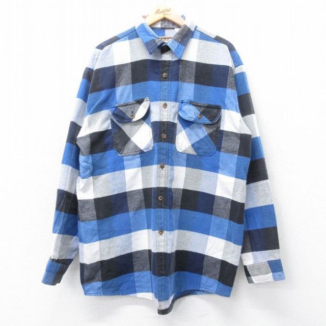 【20%OFF】XL★古着 長袖 ヘビー フランネル シャツ メンズ 00年代 00s 大きいサイズ ロング丈 青他 ブルー チェック 【spe】 25oct27 中古 トップス