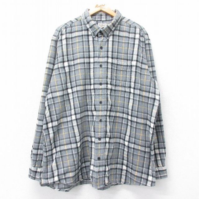 XL★古着 エルエルビーン LLBEAN 長袖 フランネル シャツ メンズ 00年代 00s 大きいサイズ ロング丈 コットン ボタンダウン グレー他 チェック 25oct27 中古 トップス