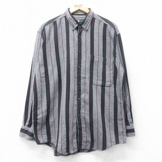 XL★古着 長袖 フランネル シャツ メンズ 90年代 90s コットン ボタンダウン グレー他 ストライプ 25oct27 中古 トップス