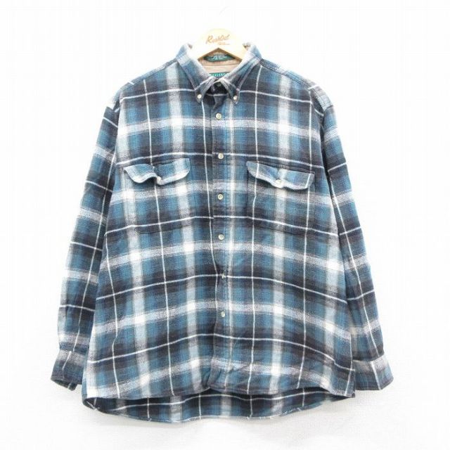XL★古着 長袖 フランネル シャツ メンズ コットン ボタンダウン 紺他 ネイビー チェック 25oct29 中古 トップス