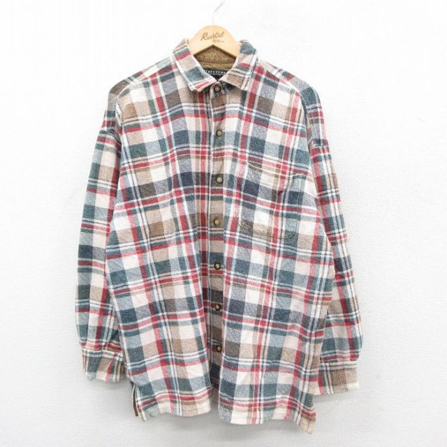XL★古着 STRUCTURE 長袖 ヘビー フランネル シャツ メンズ 大きいサイズ コットン ベージュ他 カーキ チェック 25oct29 中古 トップス