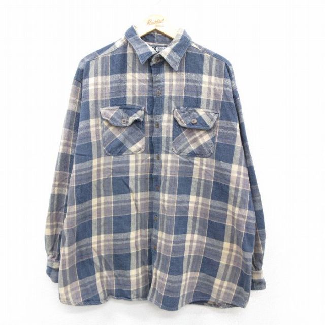 XL★古着 長袖 ヘビー フランネル シャツ メンズ 大きいサイズ コットン 紺他 ネイビー チェック 25oct29 中古 トップス