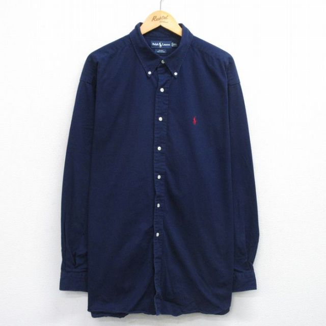 XL★古着 ラルフローレン Ralph Lauren 長袖 ブランド シャツ メンズ 90年代 90s ワンポイントロゴ BLAKE 大きいサイズ ロング丈 コットン ボタンダウン 紺 ネイビー 25oct30 中古 トップス