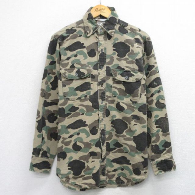 M★古着 カーハート Carhartt 長袖 ヘビー フランネル シャツ メンズ 90年代 90s ダックハンターカモ ベージュ他 カーキ 迷彩 【spe】 25oct30 中古 トップス