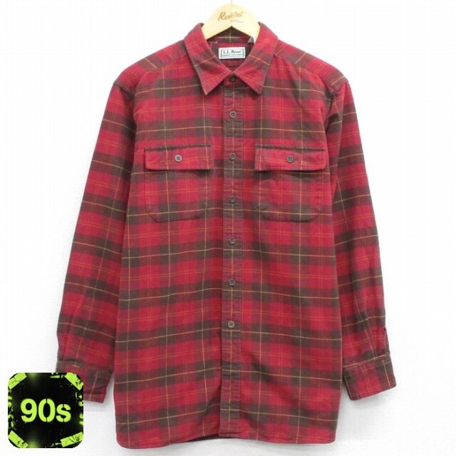 エルエルビーン 90s 長袖フランネルシャツ シャモアクロス バーガンディチェック XL | 古着