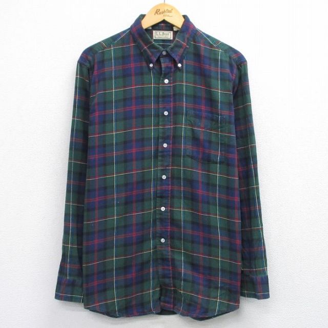 L★古着 エルエルビーン LLBEAN 長袖 フランネル シャツ メンズ 80年代 80s コットン ボタンダウン USA製 緑他 グリーン チェック 25oct30 中古 トップス
