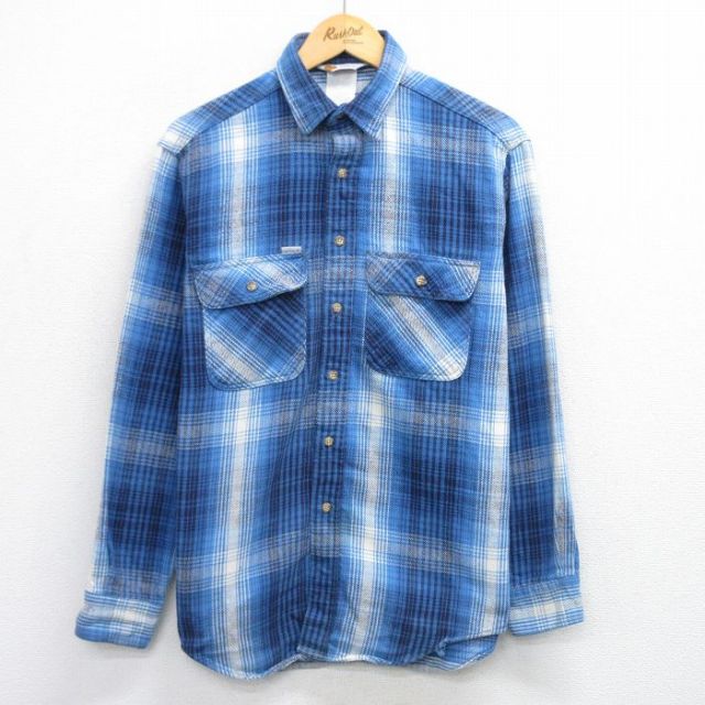 M★古着 カーハート Carhartt 長袖 ヘビー フランネル シャツ メンズ 90年代 90s USA製 青他 ブルー チェック 【spe】 25oct30 中古 トップス