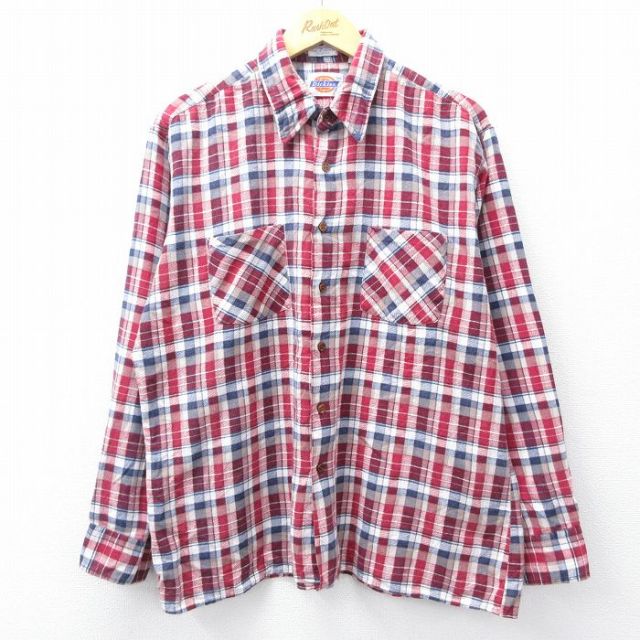 XL★古着 ディッキーズ Dickies 長袖 フランネル シャツ メンズ 80年代 80s コットン 赤他 レッド チェック 【spe】 25oct31 中古 トップス