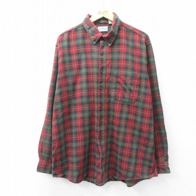 XL★古着 エルエルビーン LLBEAN 長袖 フランネル シャツ メンズ 90年代 90s 大きいサイズ コットン ボタンダウン USA製 赤他 レッド タータン チェック 25oct31 中古 トップス