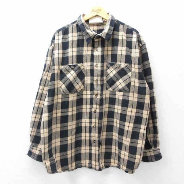 XL★古着 長袖 ヘビー フランネル シャツ メンズ 大きいサイズ コットン ベージュ他 チェック 25nov11