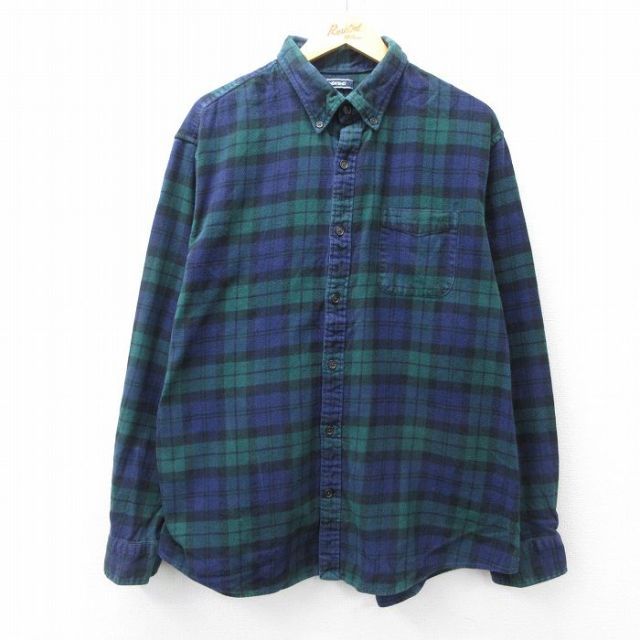 XL★古着 ランズエンド 長袖 フランネル シャツ メンズ 大きいサイズ コットン ボタンダウン 紺他 タータン チェック ブラックウォッチ 25nov11