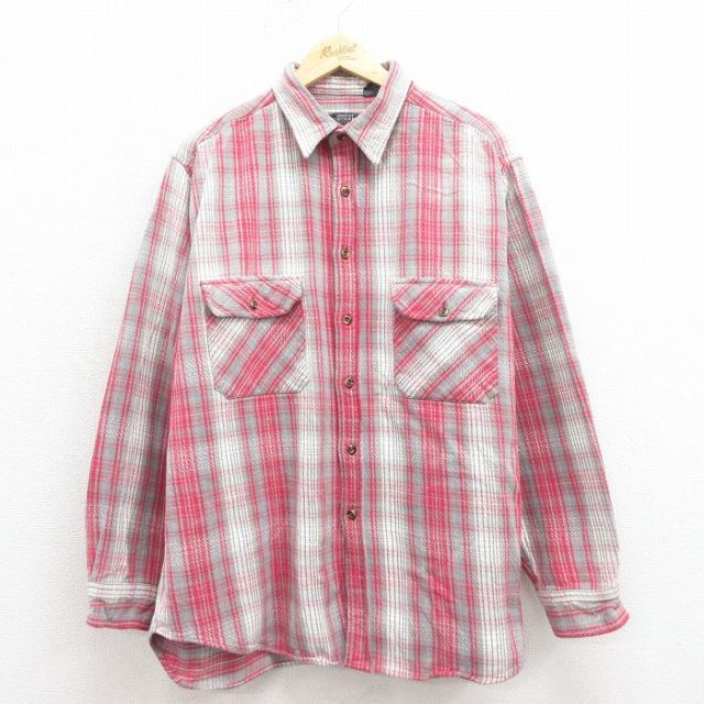 XL★古着 長袖 ヘビー フランネル シャツ メンズ 大きいサイズ コットン グレー チェック 25nov12