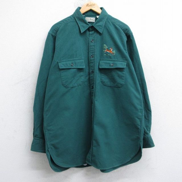 XL★古着 エルエルビーン 長袖 ヘビー フランネル シャツ メンズ 90年代 90s シカ シャモアクロス 大きいサイズ ロング丈 コットン USA製 緑【spe】 25nov13