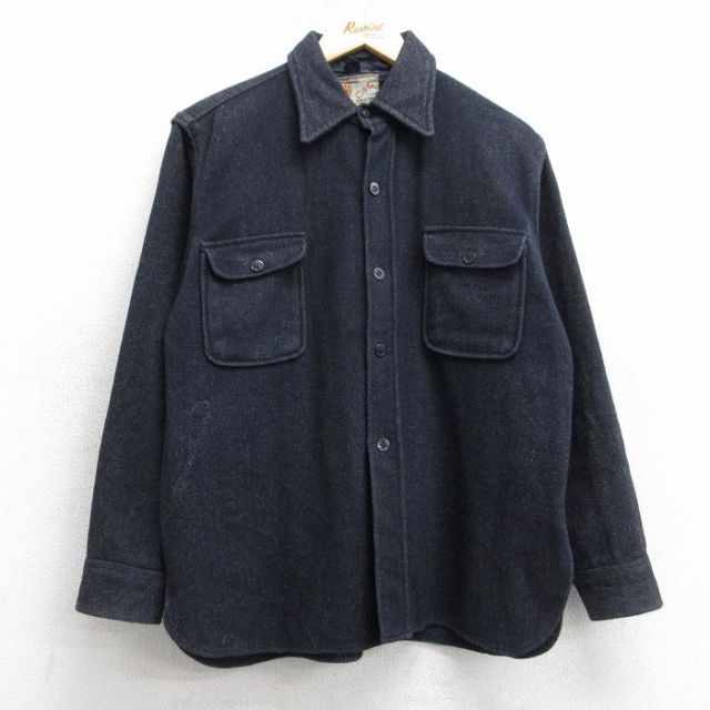 M★古着 長袖 ウール シャツ メンズ 80年代 80s CPO 黒 霜降り 25nov13