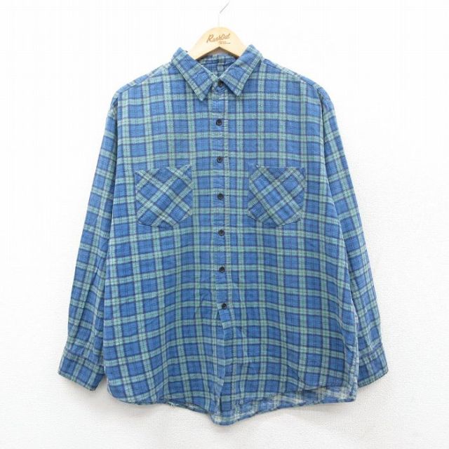 XL★古着 ベーシックエディションズ 長袖 フランネル シャツ メンズ 90年代 90s コットン 紺他 チェック 25nov14