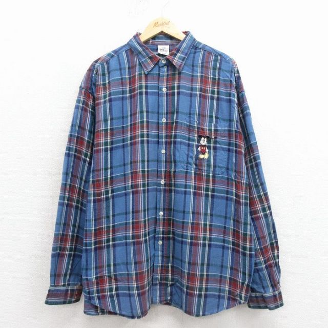 XL★古着 長袖 フランネル シャツ メンズ 00年代 00s ディズニー ミッキー 大きいサイズ 紺他 チェック【spe】 25nov18