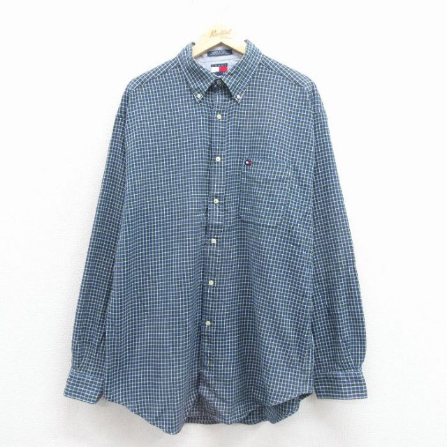 トミーヒルフィガー 90s 長袖シャツ ワンポイントロゴ ネイビーチェック XL | 古着