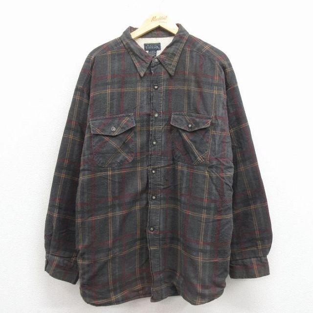 XL★古着 ベーシックエディションズ 長袖 フランネル シャツ メンズ 90年代 90s 大きいサイズ ロング丈 グレー他 チェック 内側ボア 25nov18