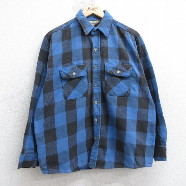 L★古着 長袖 ヘビー フランネル シャツ メンズ 90年代 90s コットン USA製 青他 バッファロー チェック【spe】 25nov20