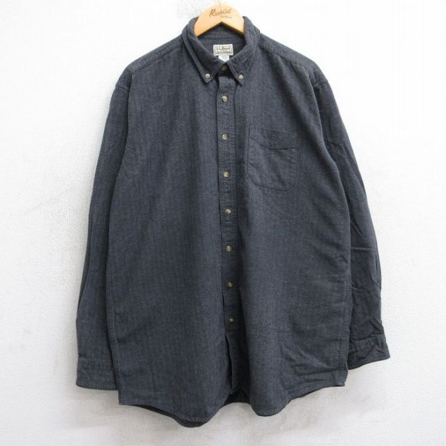 XL★古着 エルエルビーン 長袖 フランネル シャツ メンズ 00年代 00s 大きいサイズ ロング丈 コットン ボタンダウン 濃グレー 25nov20
