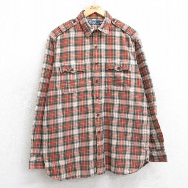 【20%OFF】L★古着 ラルフローレン 長袖 ブランド フランネル シャツ メンズ 90年代 90s コットン オレンジ他 チェック 25nov20