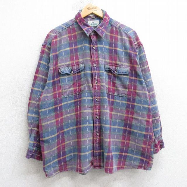 XL★古着 バンヒューセン 長袖 フランネル シャツ メンズ 90年代 90s コットン 紫他 25nov20